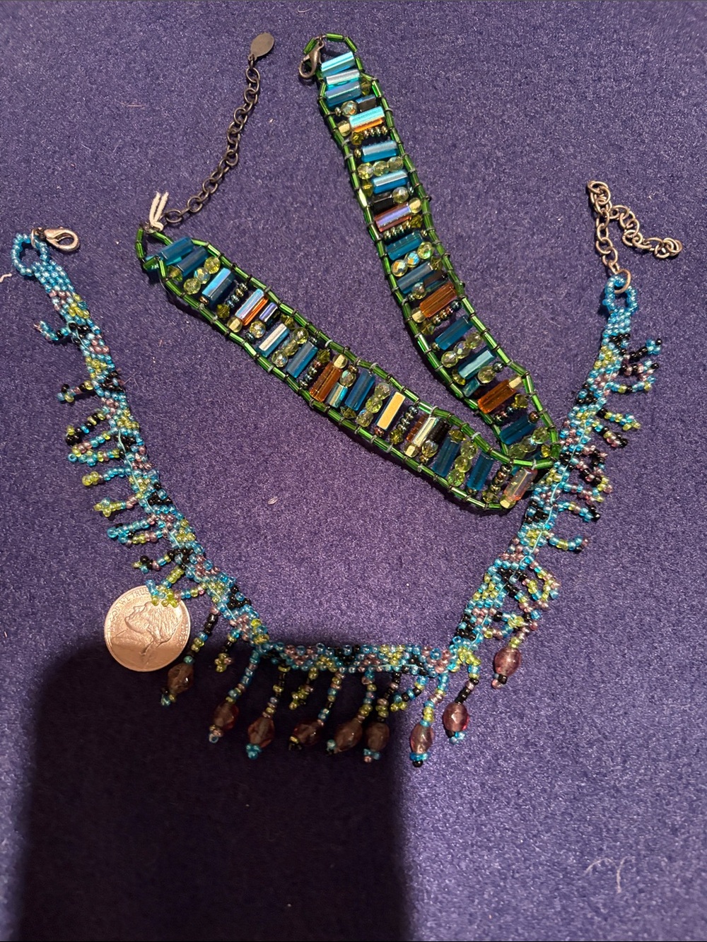 Handcrafted Blue & Green Beaded Fringe Necklaces - Unbranded